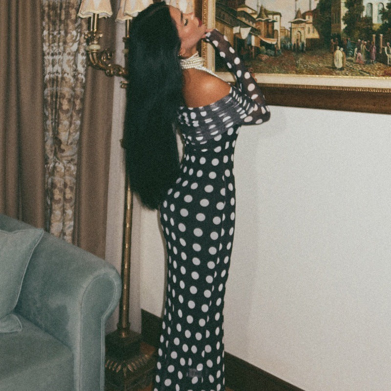 One shoulder long sleeved mesh slim fit polka dot long sleeved dress