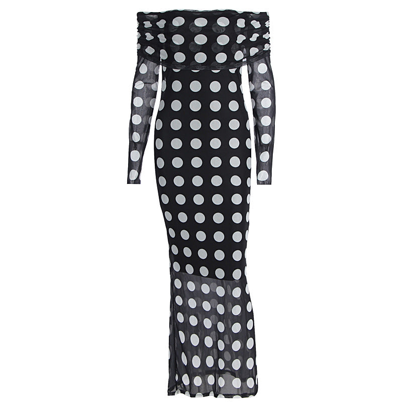 One shoulder long sleeved mesh slim fit polka dot long sleeved dress
