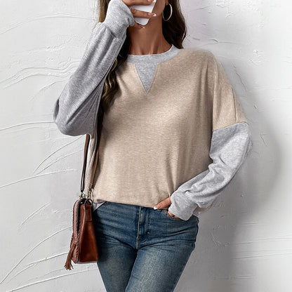 Simple and loose round neck fake two-piece color blocked hoodie for women