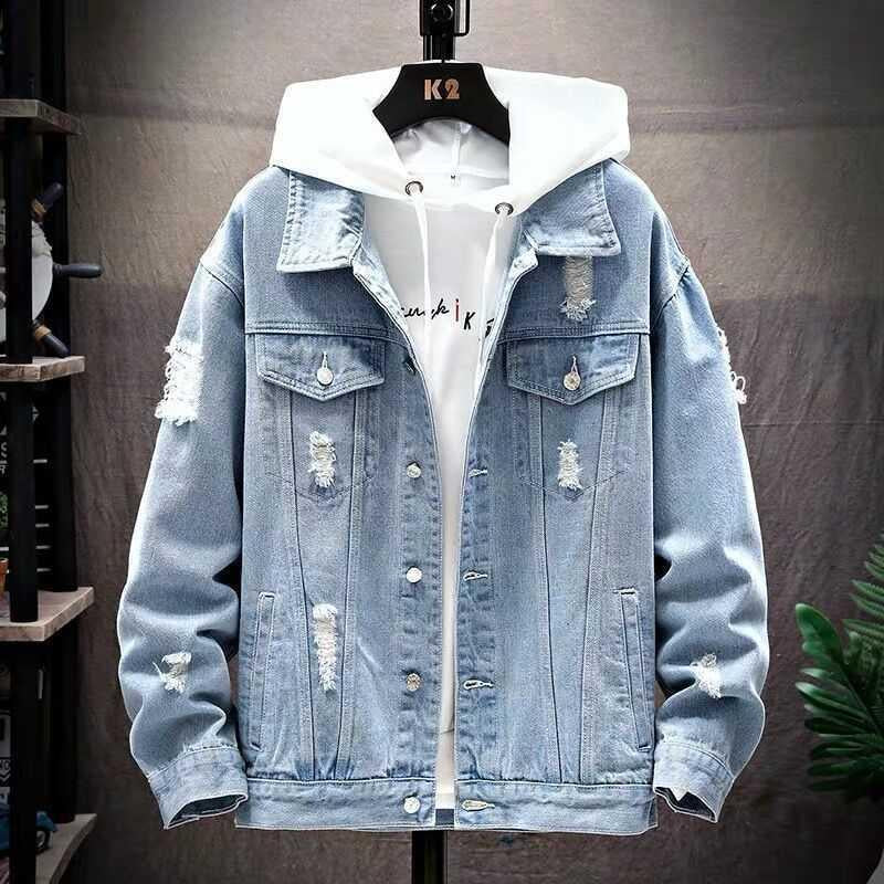 Spring and Autumn Fashion Casual Korean-Style Ripped Men's Denim Jacket, Washed Solid Color Denim Coat