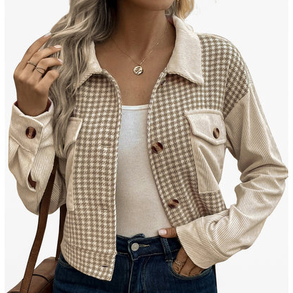Flip collar short corduroy patchwork  women's jacket