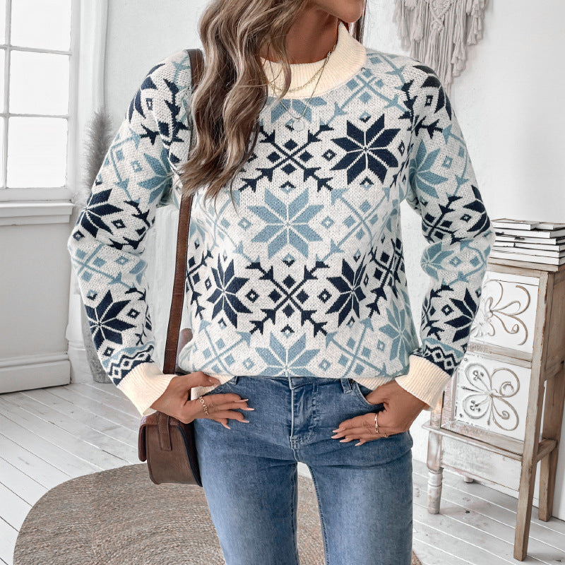 Long sleeved round neck snowflake geometric pattern sweater