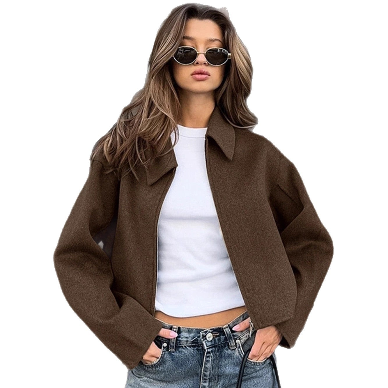 Collar long sleeved zipper woolen coat
