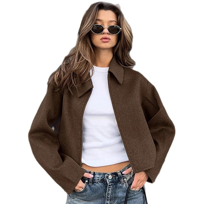 Collar long sleeved zipper woolen coat