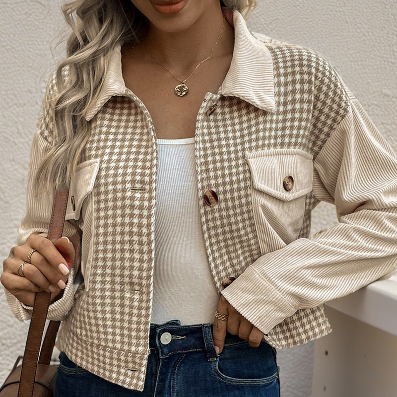 Flip collar short corduroy patchwork  women's jacket