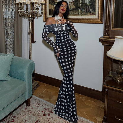One shoulder long sleeved mesh slim fit polka dot long sleeved dress