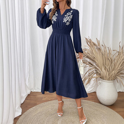 Ethnic style waist cinching V-neck blue embroidered dress for women