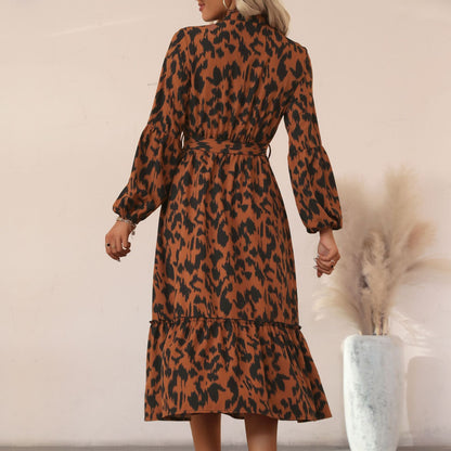 Mid length long sleeved half high neck leopard print dress