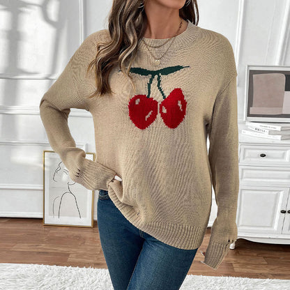 Round neck loose cherry jacquard pattern knitted sweater for women