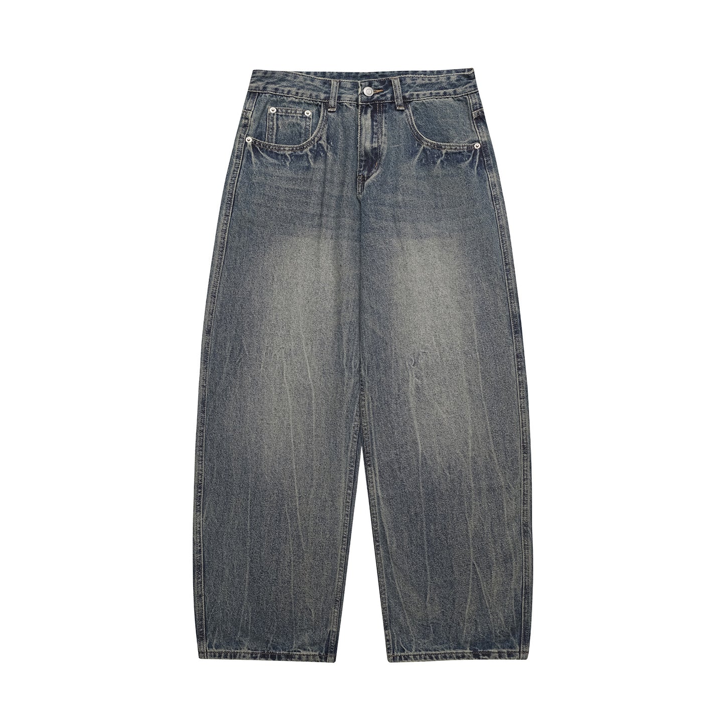 Washed Distressed Cat Whisker Pattern Loose Wide-Legged Knife-Edge Jeans