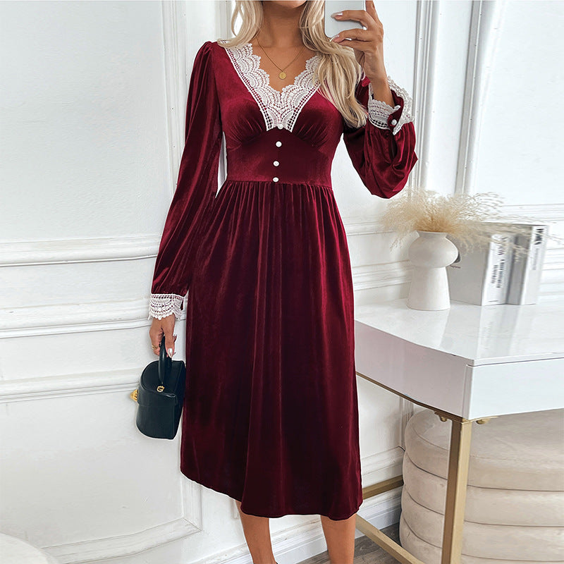 Elegant party style lace V-neck velvet dress