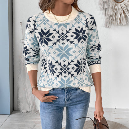 Long sleeved round neck snowflake geometric pattern sweater