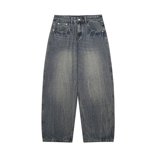 Washed Distressed Cat Whisker Pattern Loose Wide-Legged Knife-Edge Jeans