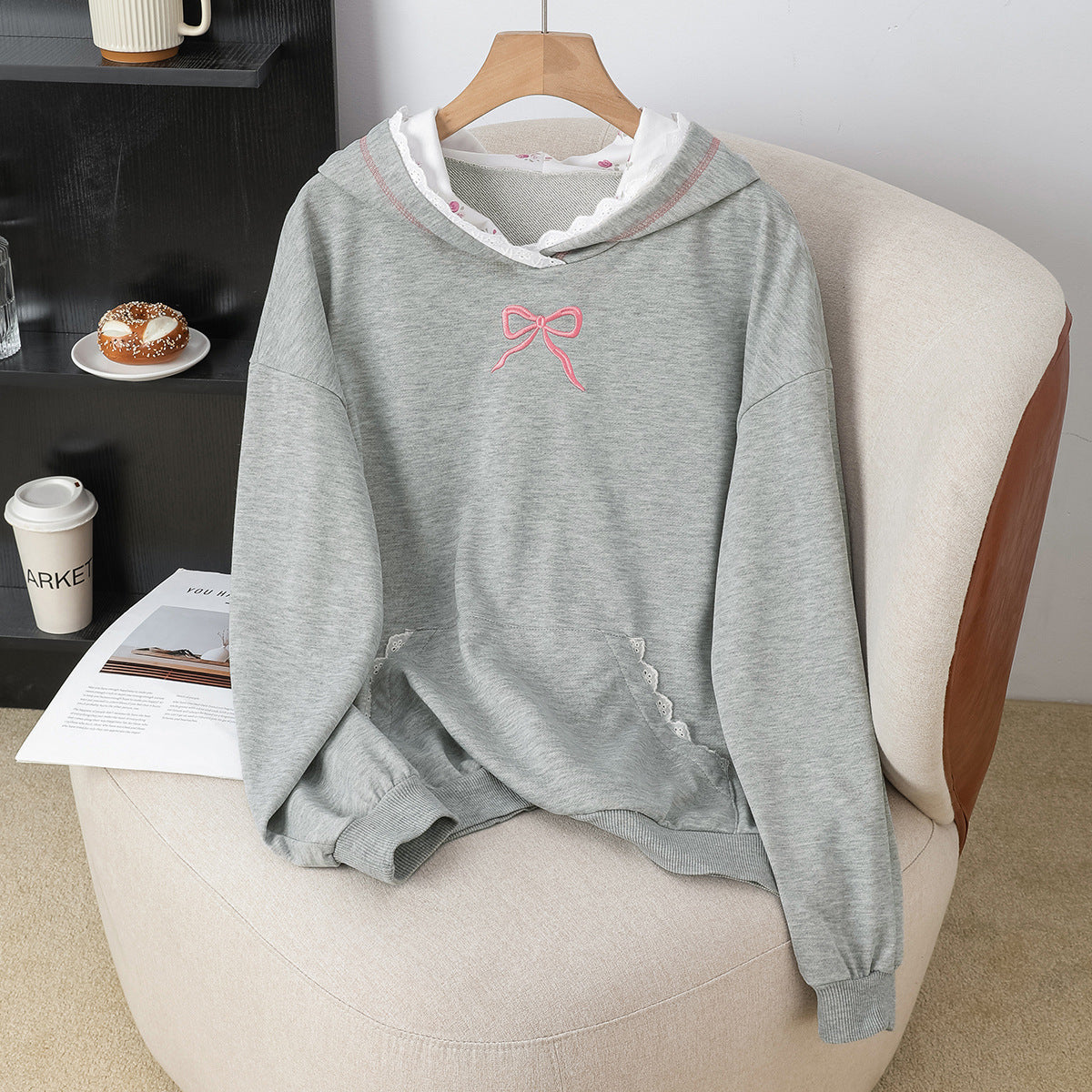 Lace patchwork hooded bow embroidered gray hoodie