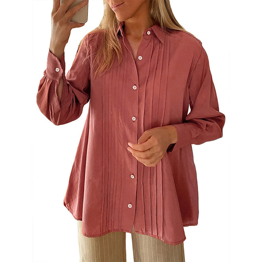 Women's collar long sleeved solid color shirt
