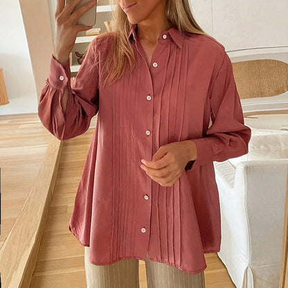 Women's collar long sleeved solid color shirt