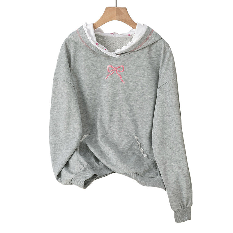 Lace patchwork hooded bow embroidered gray hoodie