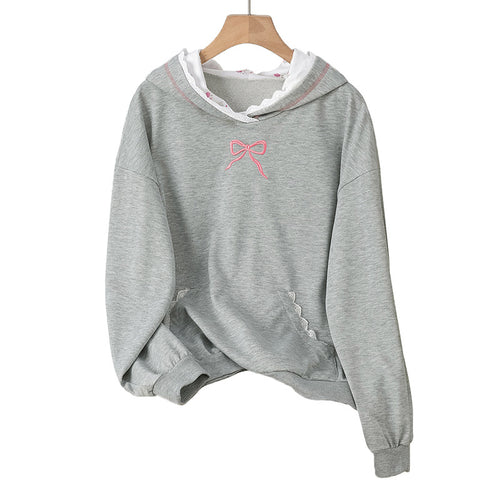 Lace patchwork hooded bow embroidered gray hoodie