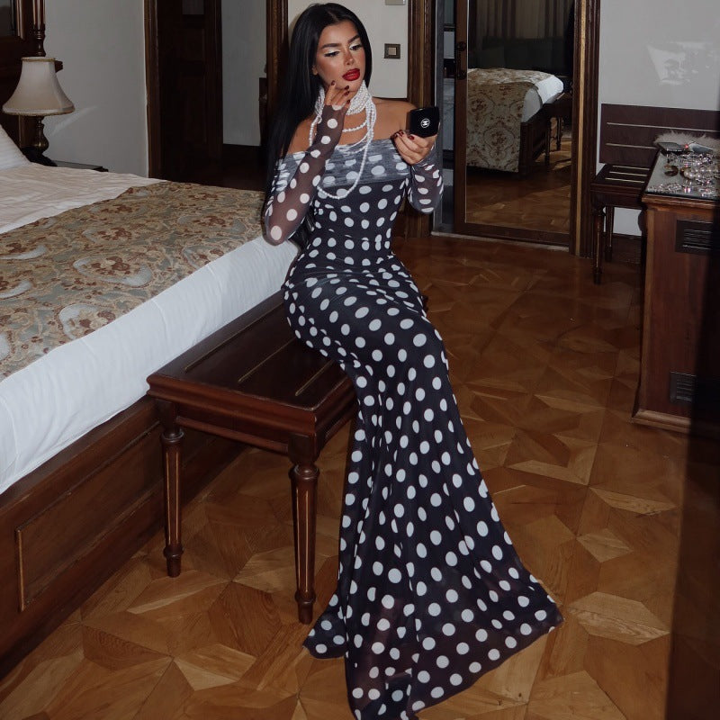 One shoulder long sleeved mesh slim fit polka dot long sleeved dress