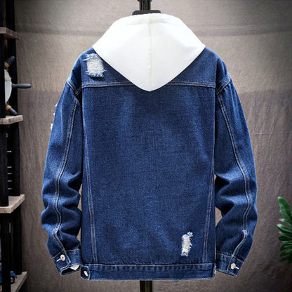 Spring and Autumn Fashion Casual Korean-Style Ripped Men's Denim Jacket, Washed Solid Color Denim Coat