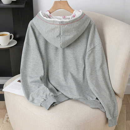 Lace patchwork hooded bow embroidered gray hoodie