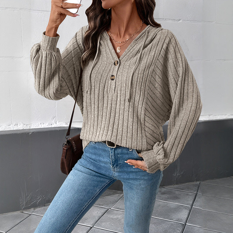 Casual and lazy style pit stripe hooded solid color knitted sweater top