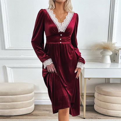 Elegant party style lace V-neck velvet dress