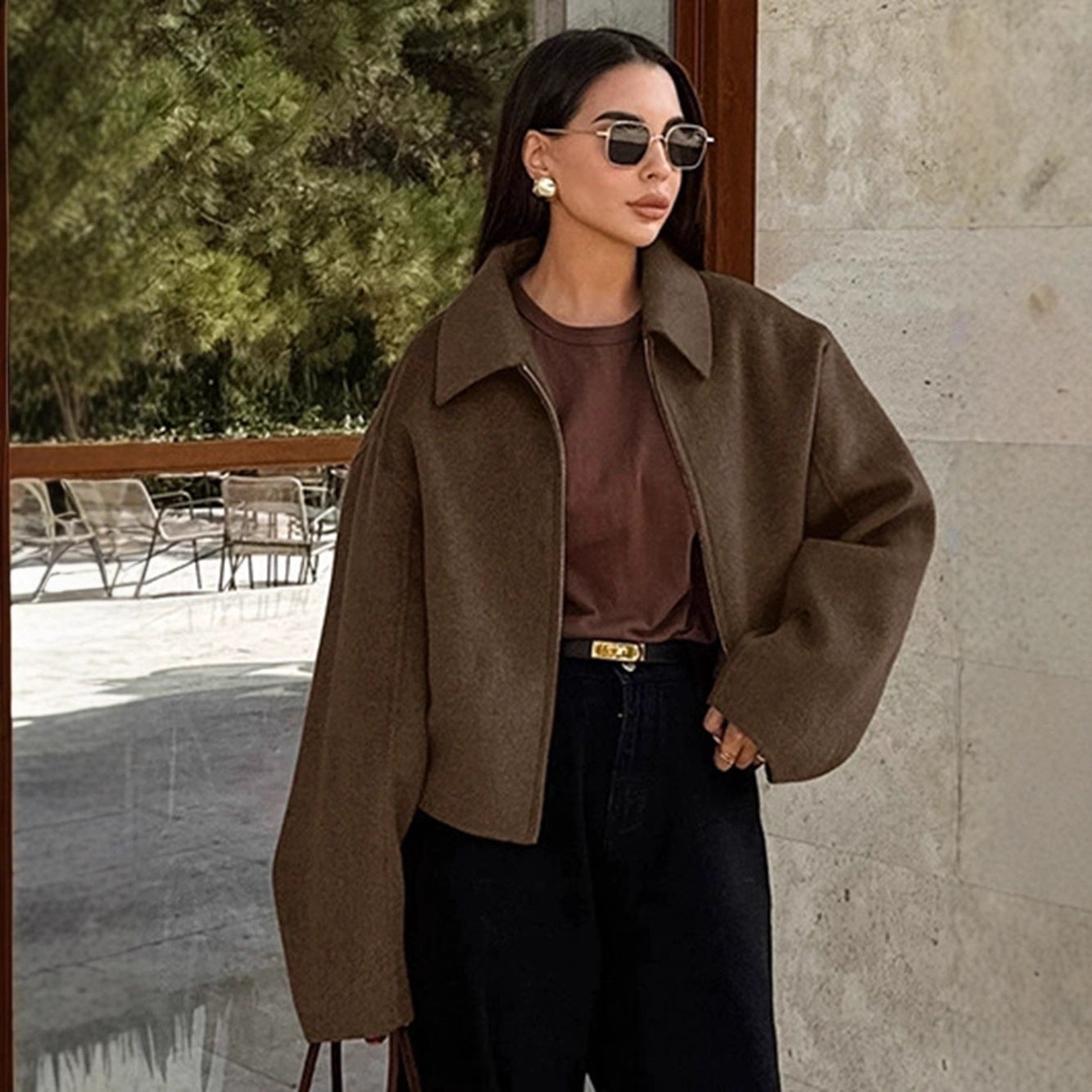 Collar long sleeved zipper woolen coat