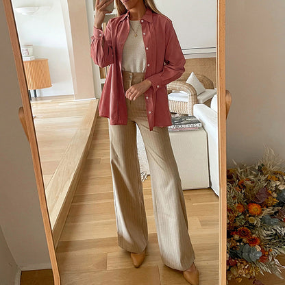 Women's collar long sleeved solid color shirt