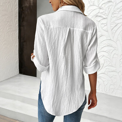 Casual basic style lapel long sleeved straight tube white shirt for women