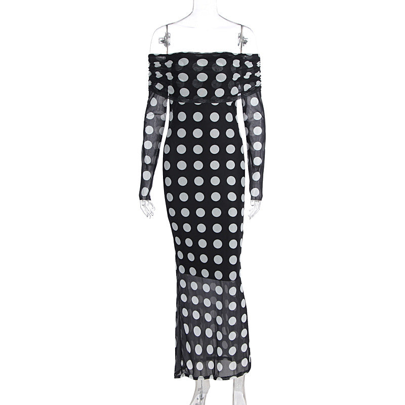 One shoulder long sleeved mesh slim fit polka dot long sleeved dress