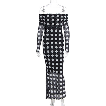 One shoulder long sleeved mesh slim fit polka dot long sleeved dress