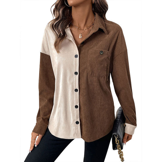 Cardigan collar corduroy color blocked shirt for women