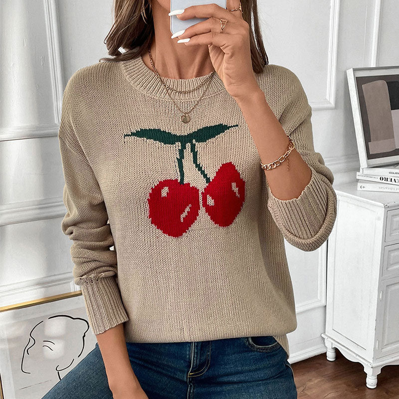 Round neck loose cherry jacquard pattern knitted sweater for women