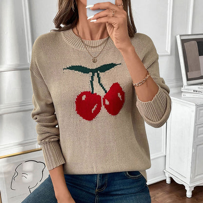 Round neck loose cherry jacquard pattern knitted sweater for women