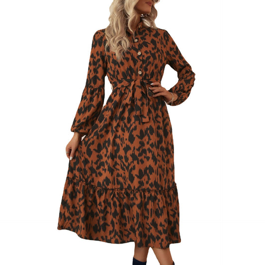 Mid length long sleeved half high neck leopard print dress