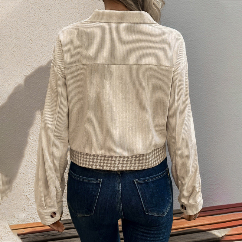 Flip collar short corduroy patchwork  women's jacket