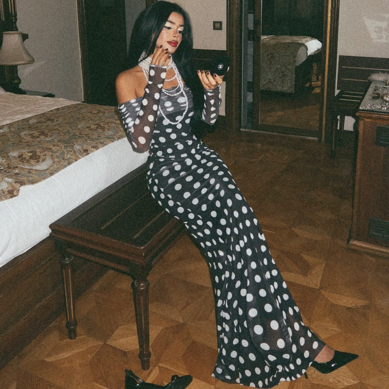 One shoulder long sleeved mesh slim fit polka dot long sleeved dress
