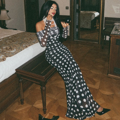 One shoulder long sleeved mesh slim fit polka dot long sleeved dress