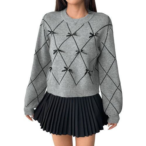 Round neck bow decoration diamond patterned sweater for women