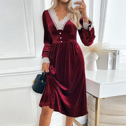Elegant party style lace V-neck velvet dress